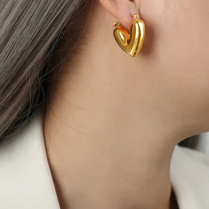 Golden Puff Heart Hoop Earrings-3