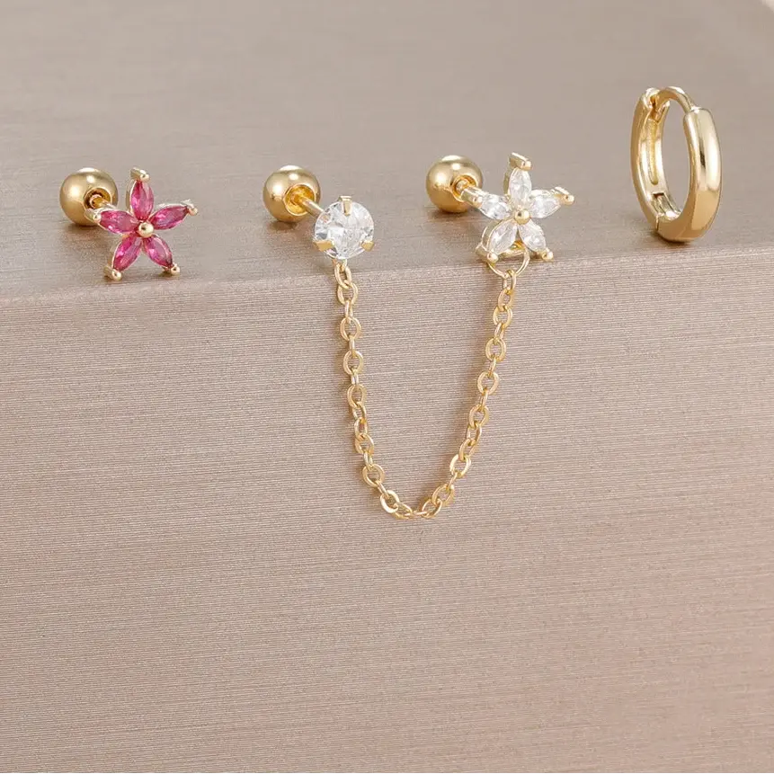 3PCS Zircon Flower Ear Stud Earrings-9