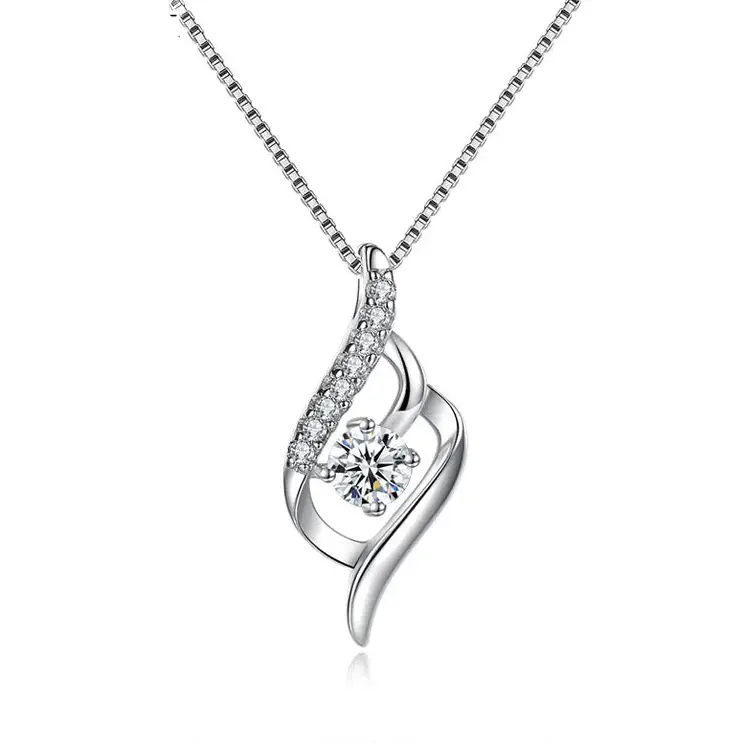 925 Silver Feather Zircon Pendant Necklace-0