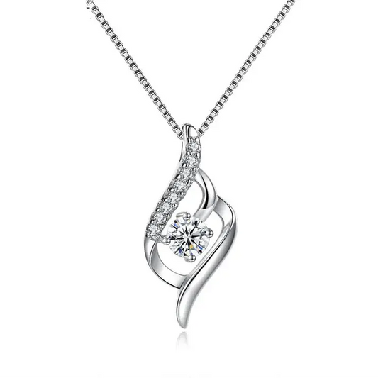 925 Silver Feather Zircon Pendant Necklace-0