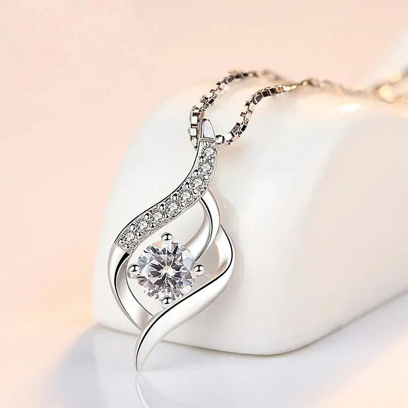 925 Silver Feather Zircon Pendant Necklace-4
