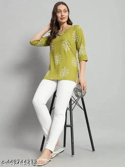 Printed Rayon Green Short Kurti For Girls and Women 13374