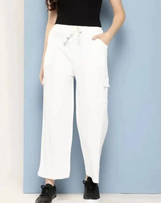 Cotton Blend Straight Fit Trouser for Women (White, S) 18594