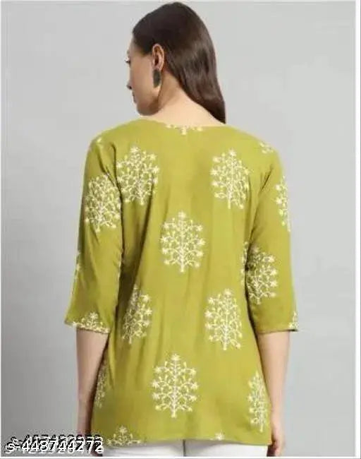 Printed Rayon Green Short Kurti For Girls and Women 13374