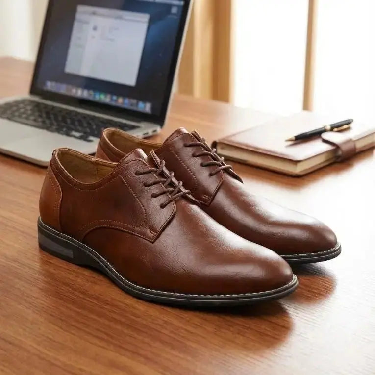 BRITISH STYLISH VEGAN LEATHER SEMI CASUAL BROWN LACE UP SHOES
