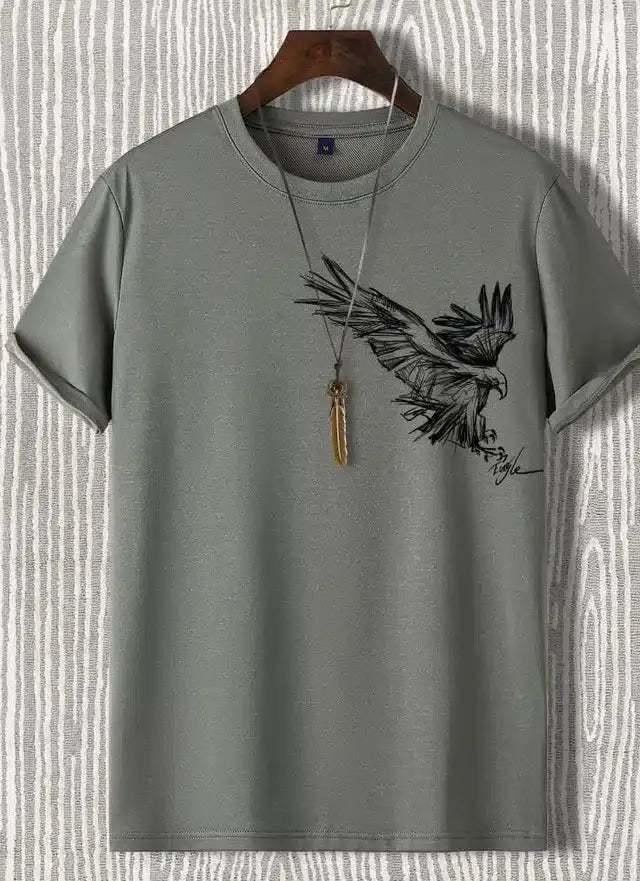 Round Neck Printed T-shirt for Men (Grey, M) 1634