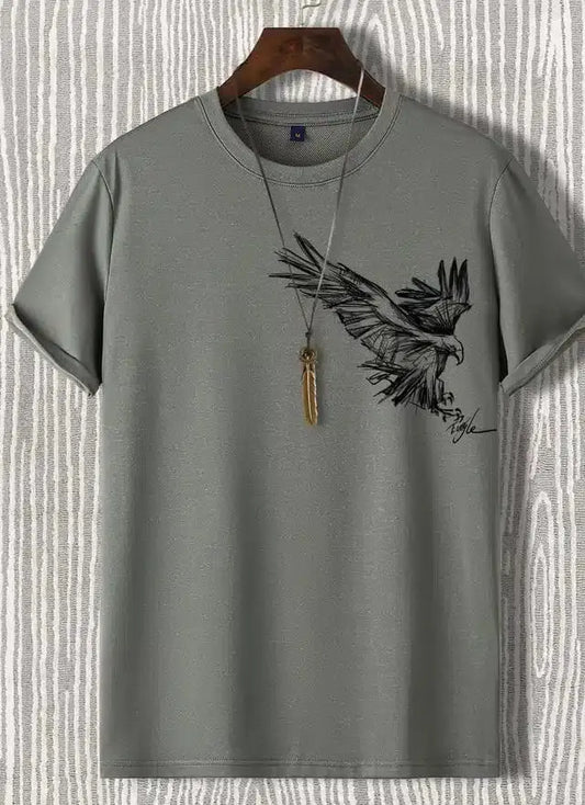 Round Neck Printed T-shirt for Men (Grey, M) 1634