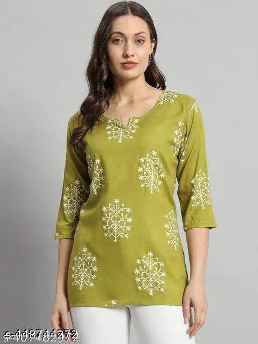 Printed Rayon Green Short Kurti For Girls and Women 13374