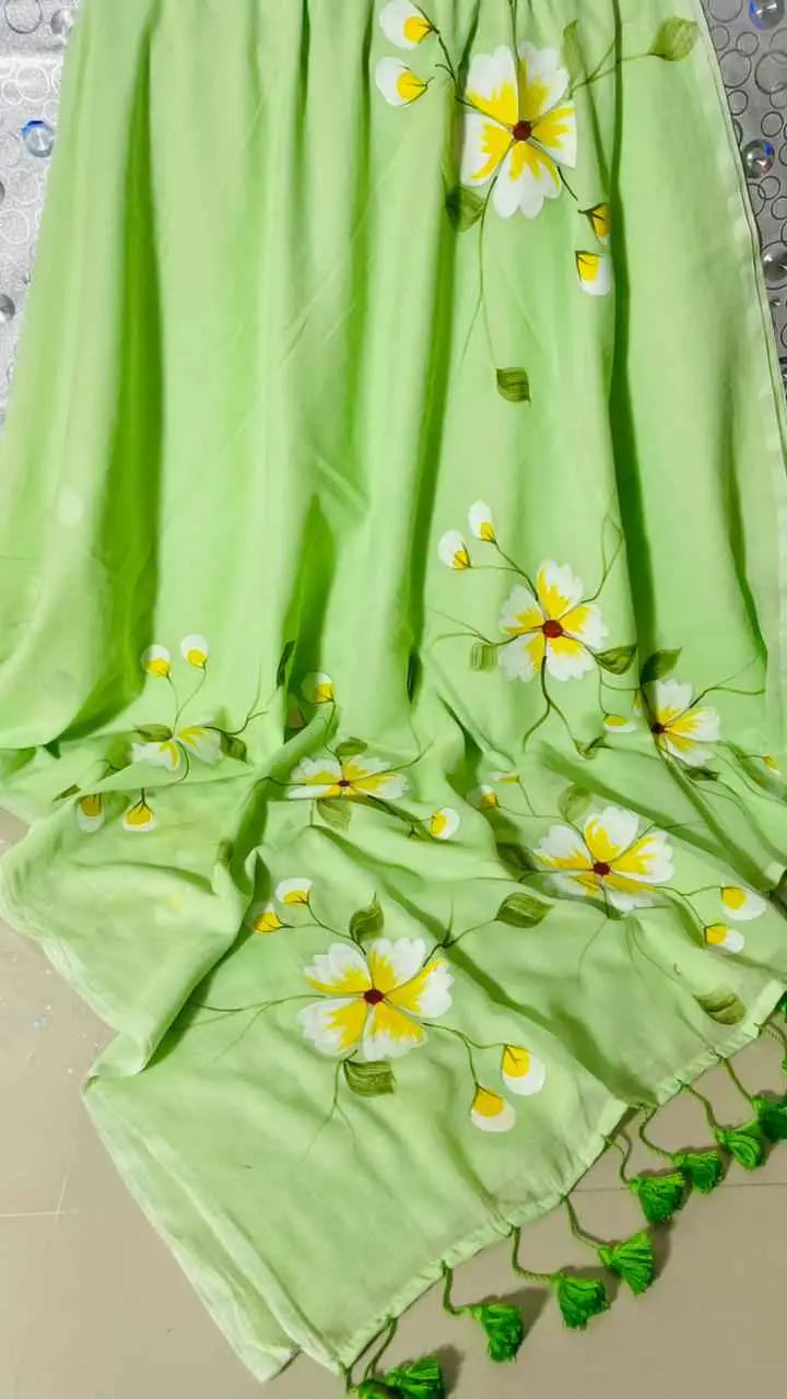 Pistachio Bloom Premium Mull Cotton Handprint Saree-2