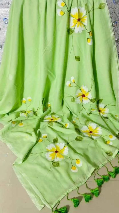 Pistachio Bloom Premium Mull Cotton Handprint Saree-2