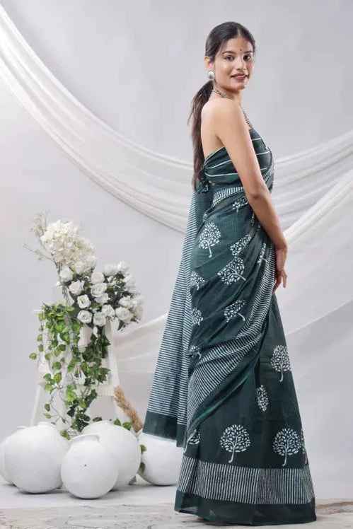 Forest Grace Deep Green Handblock Cotton Saree-2