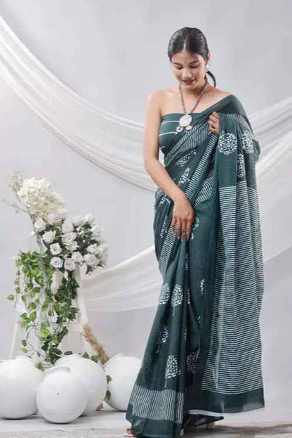 Forest Grace Deep Green Handblock Cotton Saree-1