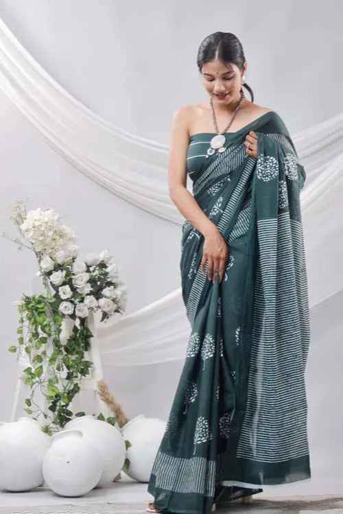 Forest Grace Deep Green Handblock Cotton Saree-1