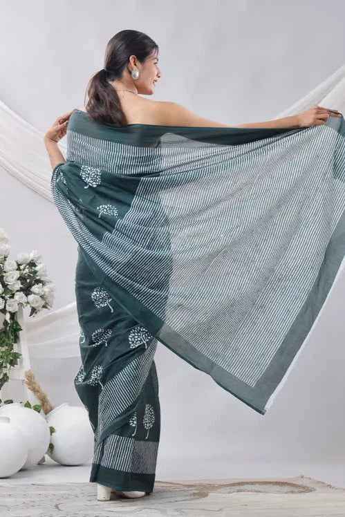 Forest Grace Deep Green Handblock Cotton Saree-3