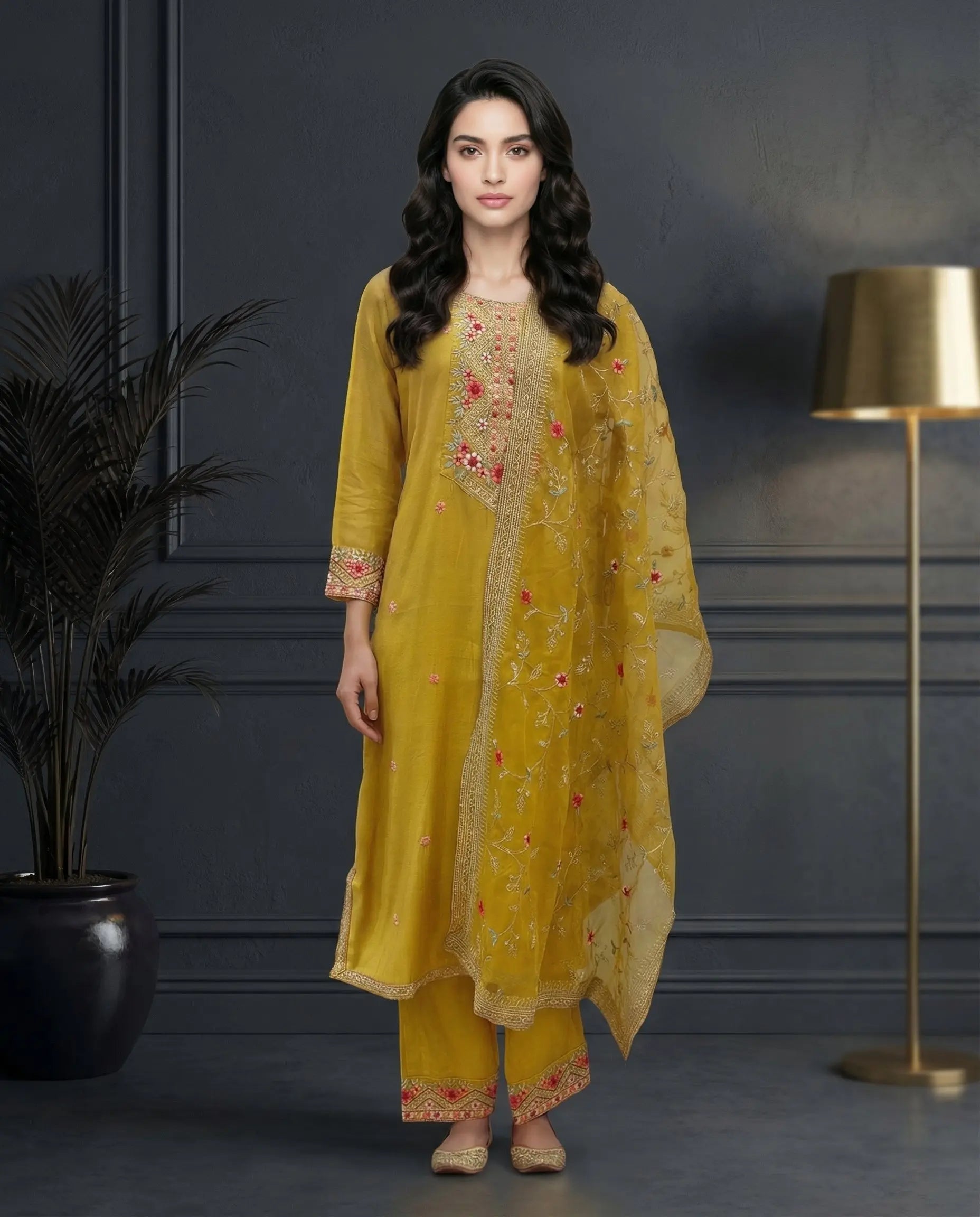 Mustard Yellow Floral Embroidered Kurta Set with Palazzo & Embroidered Organza Dupatta-0