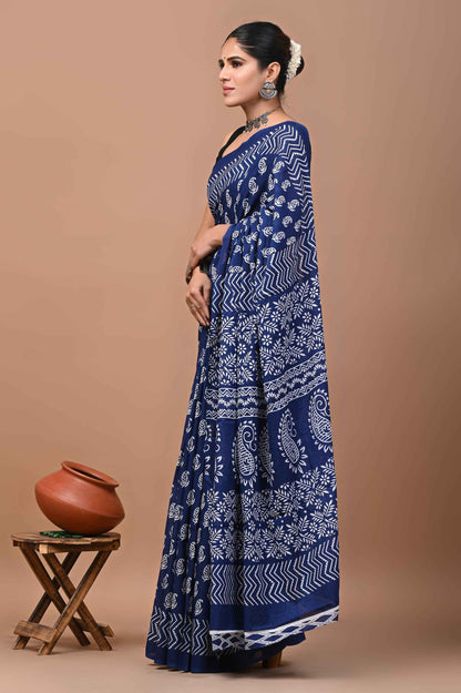 Indigo Rhythm Block Story in Mulmul Saree-2