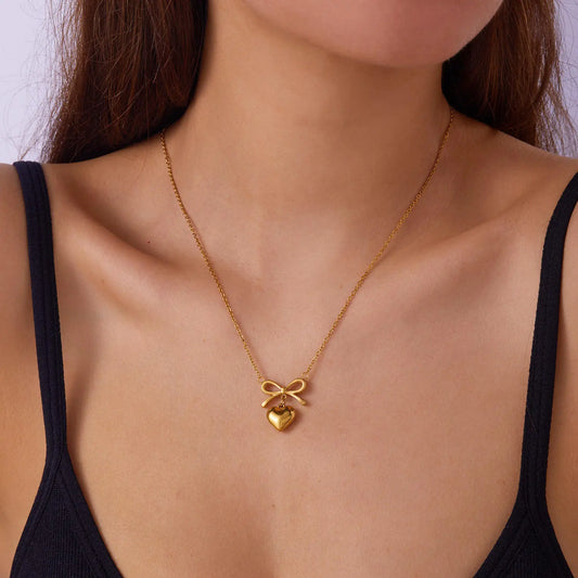 Bow Heart Pendant Necklace -Dainty Cute Pendant Jewelry Gift-1