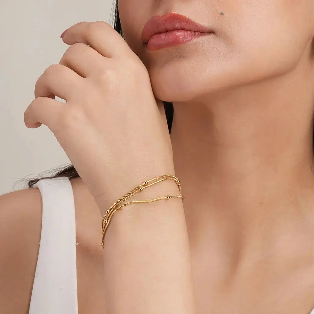 Triple Layer Gold Chain Bracelet with Beads E-legant Women’s Jewelry-4