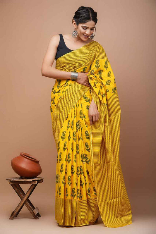 Sunburst Swirl Haldi Bloom Mulmul Cotton Saree-1