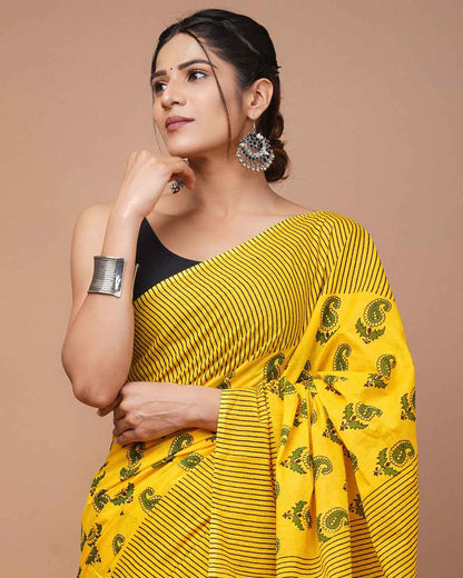 Sunburst Swirl Haldi Bloom Mulmul Cotton Saree-2