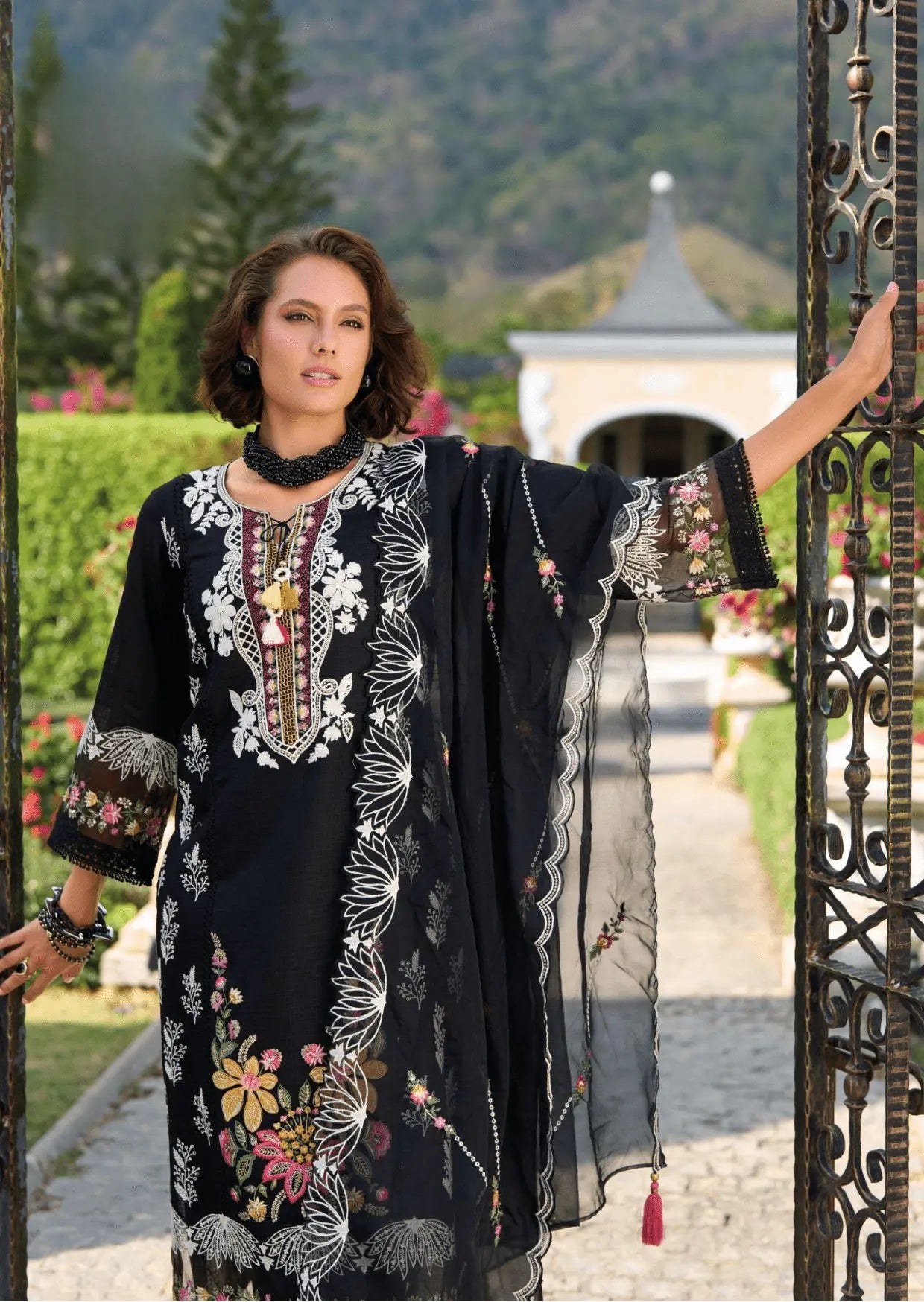 Zahra Noir Luxe Cotton Embroidered Suit Set-1